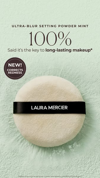 This ad showcases the Laura Mercier Ultra-Blur Setting Powder in Mint. The ad highlights its ability to correct redness 