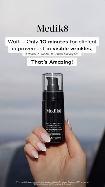 This ad promotes Medik8's Liquid Peptides Advanced MP serum, highlighting its ability to visibly reduce wrinkles in 