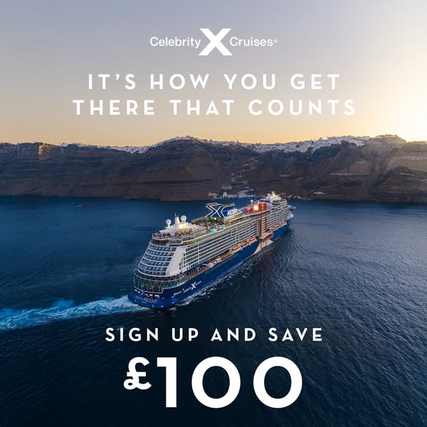 This image ad for Celebrity Cruises uses a visually stunning photograph of a cruise ship on the open ocean to promote a 