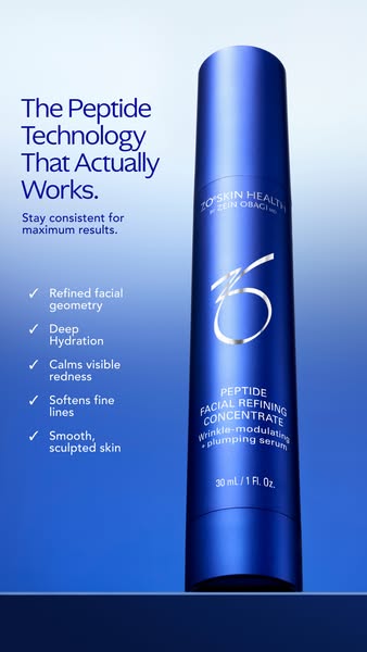 This ad promotes ZO Skin Health's Peptide Facial Refining Concentrate. The ad highlights the product's peptide t