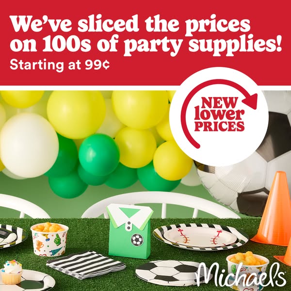 This ad features party supplies for a sport-themed party. The ad highlights a sale on hundreds of party supplies with a 