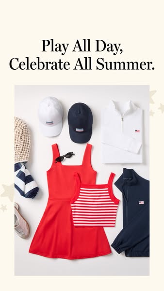 This ad features a curated flatlay of clothing items for summer, centered on a red dress and striped top, complemented b