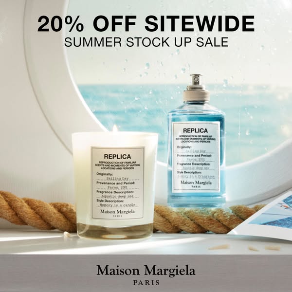 Image ad for Maison Margiela promoting their 'REPLICA' line with a 20% off sitewide summer sale.
