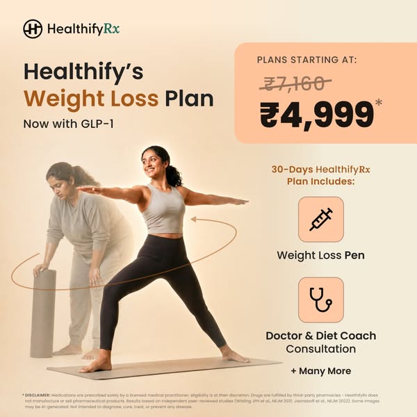 The ad promotes a weight loss plan from HealthifyRx, featuring GLP-1. It includes a weight loss pen and consultations wi