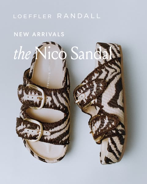 This image ad features two woven sandals from Loeffler Randall and promotes their new arrivals.