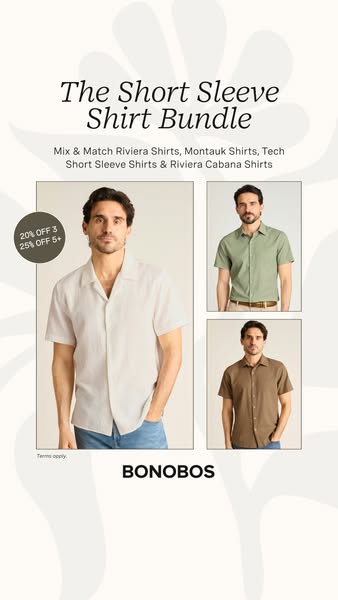 This ad promotes a short sleeve shirt bundle by Bonobos, highlighting the variety of styles available and offering a dis