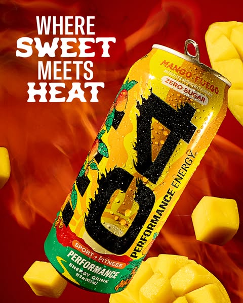 An image ad for G4 Performance Energy drink features the Mango Fuego flavor and promotes its sweet and spicy taste.