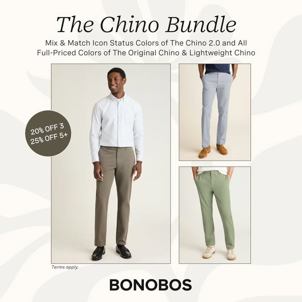 This ad promotes a Bonobos chino bundle. It showcases various colors and styles of chinos available as part of a mix-and