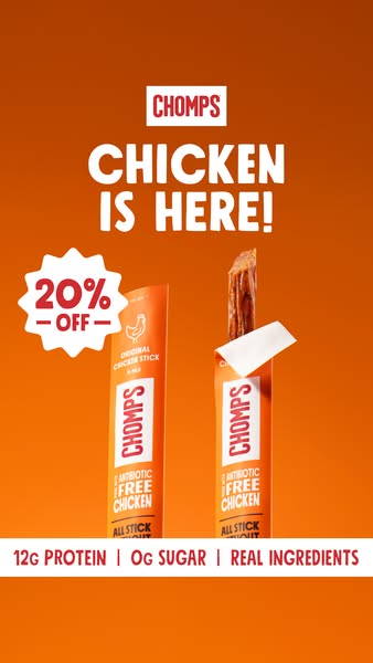 This image ad for Chomps promotes their chicken snack sticks as a protein-filled, zero-sugar, real-ingredient food. An o
