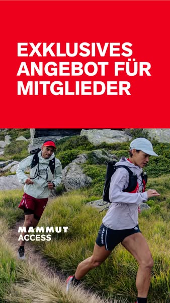 This image ad for Mammut promotes an exclusive offer for members. The image shows two runners in outdoor apparel, runnin