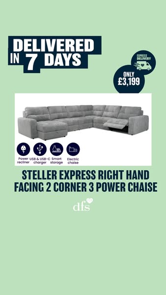 This ad showcases the Steller Express Right Hand Facing 2 Corner 3 Power Chaise, highlighting its quick delivery, comfor