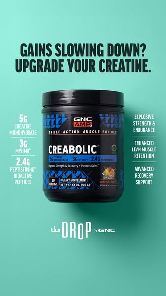 This ad for GNC's Creabolic muscle-building supplement targets individuals whose gains have slowed down. It highligh