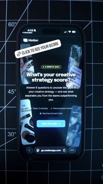 The ad promotes a quiz that can help users uncover gaps in their creative strategy. The ad features a phone screen displ
