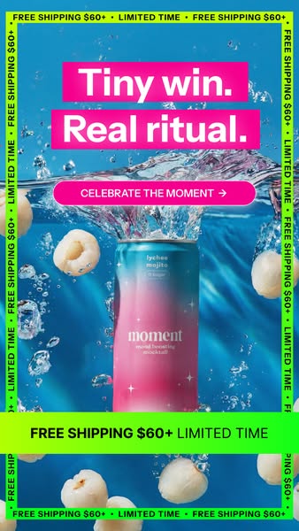 This ad for Moment's Lychee Mojito mood-boosting mocktail uses a bright, surreal aesthetic with fruit suspended in w
