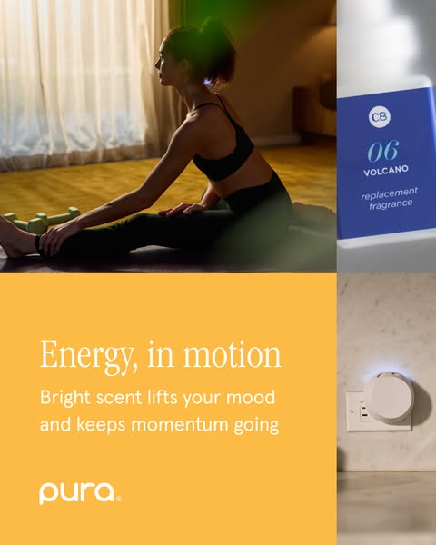 This image ad for Pura promotes the brand's Volcano fragrance as a way to lift your mood and keep momentum going. Th