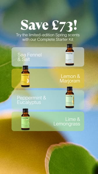 This ad promotes a limited-edition Spring scents starter kit, offering a £73 discount. It showcases the four different s