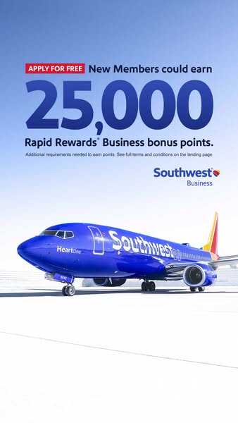 This ad promotes the Southwest Rapid Rewards Business credit card, offering new members the chance to earn 25,000 bonus 
