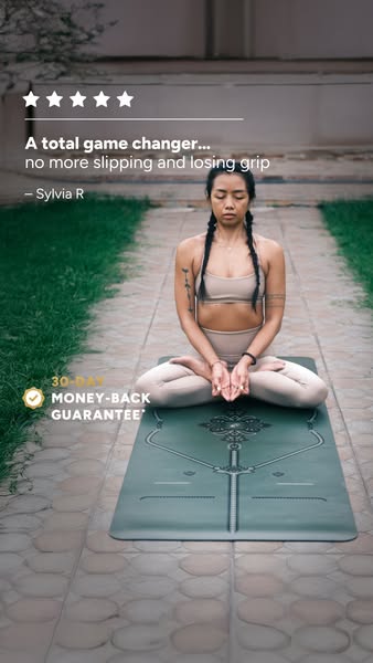 This ad features a woman sitting in a meditative pose on a yoga mat. The ad includes a testimonial about the mat's g