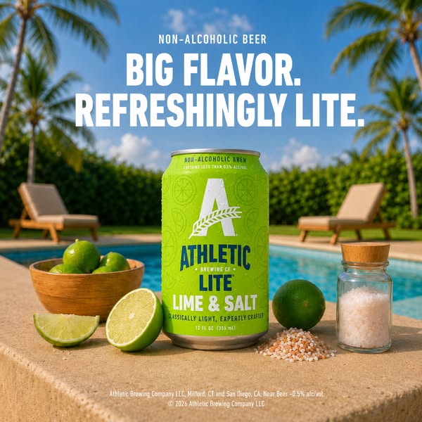 This image ad showcases Athletic Brewing Company's non-alcoholic Lime & Salt beer. It highlights the product'