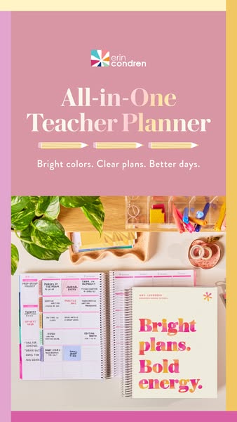 This ad for Erin Condren's All-in-One Teacher Planner showcases the product in a flatlay-style image. The image high
