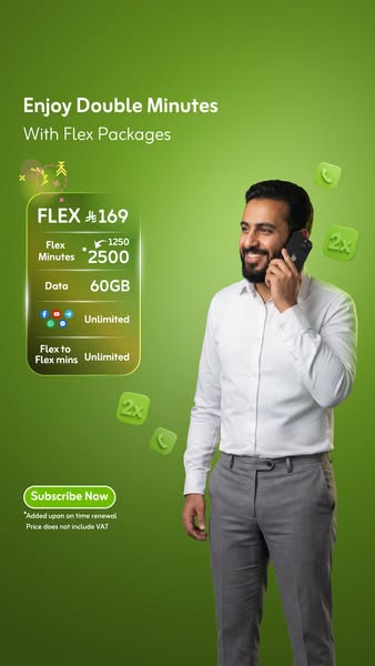 This ad promotes Flex Packages that provides its customers with double the minutes. The ad features a man smiling and on