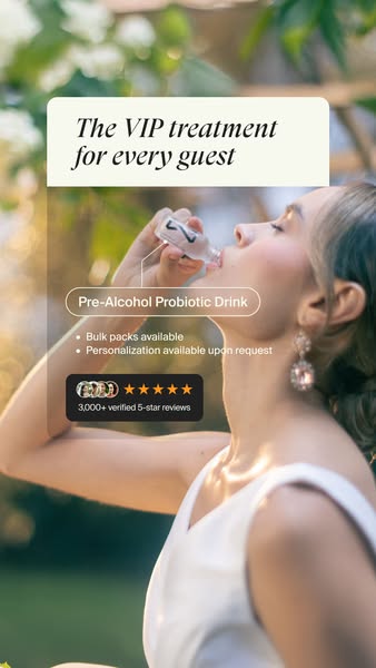 This image ad for a pre-alcohol probiotic drink focuses on its suitability for weddings by highlighting it as a VIP trea