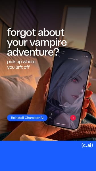 This ad is for Character AI and it reminds users that they can pick up where they left off in their adventure on the app