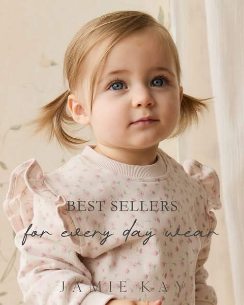 This image ad features a young child wearing a floral print top from Jamie Kay. The ad highlights the brand's best-s