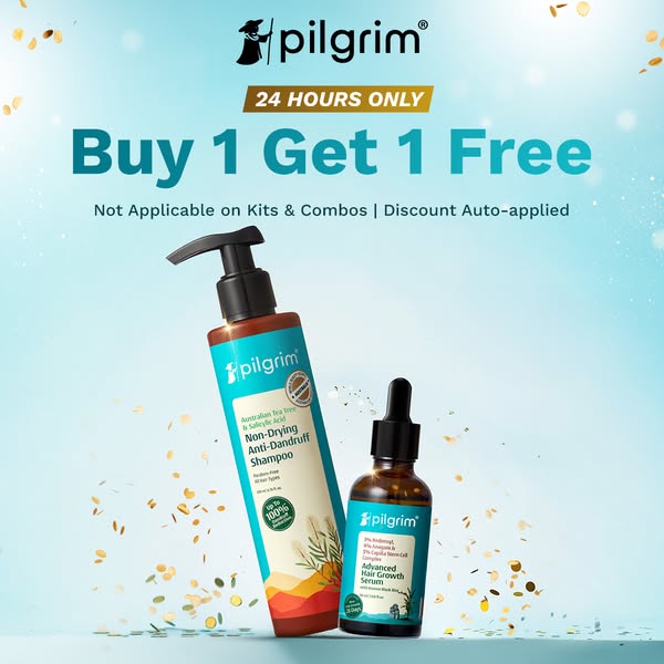 This image ad showcases Pilgrim's hair care products, including their Anti-Dandruff Shampoo and Hair Growth Serum, h