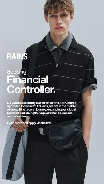 This image is an advertisement for the position of Financial Controller for the brand RAINS. The ad features a man in RA