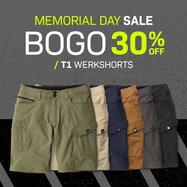 Ad for T1 Werkshorts featuring a Memorial Day sale for BOGO 30% off.
