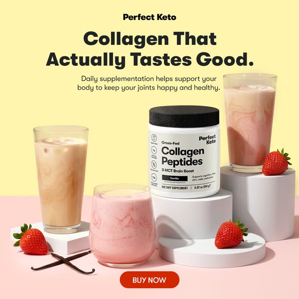 This image ad for Perfect Keto promotes their collagen peptides powder as a tasty way to support joint health. The ad fe