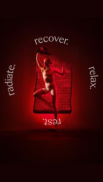 This image ad features a woman in athletic wear standing in front of a red light therapy device. The ad uses the words r