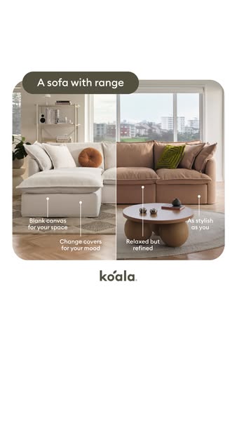 This ad for Koala couches showcases their modular design and customizable covers. The ad uses a split screen to show two
