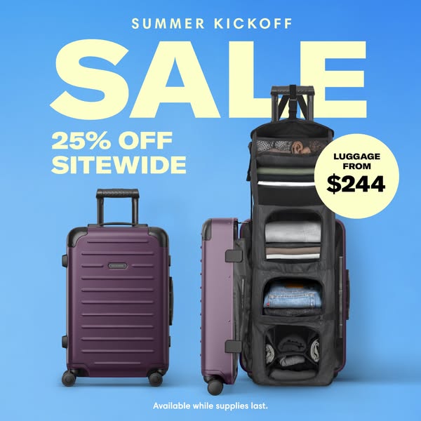 This ad for luggage features a summer kickoff sale. A 25% off sitewide discount is offered, and select luggage starts at