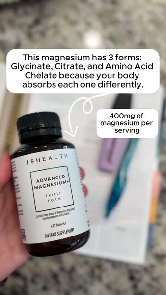 This ad showcases a bottle of JSHealth Advanced Magnesium+ supplement with callouts that describe the features of the su