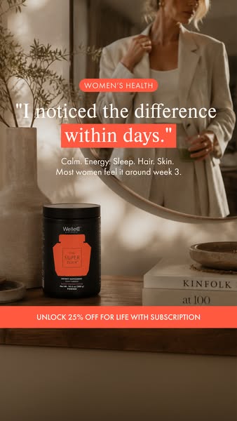 This image ad features a testimonial about the WelleCo Super Elixir, highlighting its benefits for women's health. T