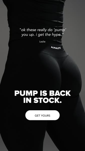 This ad features a close-up shot of a person wearing black Alphalete leggings. The ad uses a customer quote to highlight