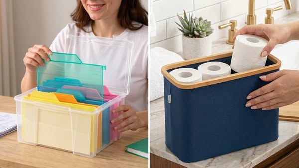 This ad uses a split screen to showcase two different storage solutions, one for paper files and another for toilet pape