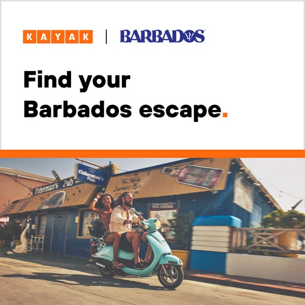 This ad for Kayak promotes travel to Barbados. The ad features a couple riding a scooter past a blue building, next to t