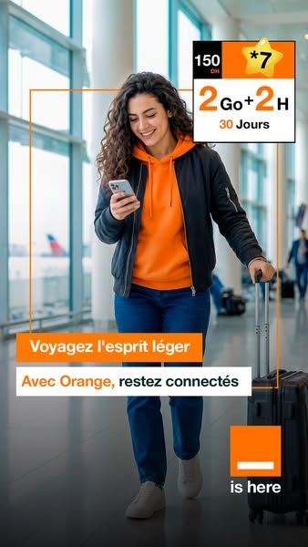 This ad showcases a woman using her phone at an airport, highlighting Orange's offering of 2GB of data and 2 hours o