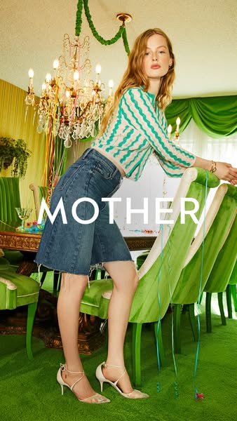 This image ad features a photo of a person wearing denim shorts from Mother.