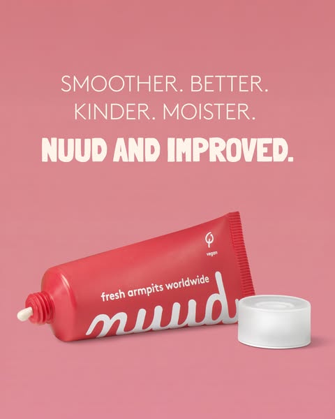 A product shot of Nuud deodorant is shown next to text that describes the deodorant as smoother, better, kinder, and moi