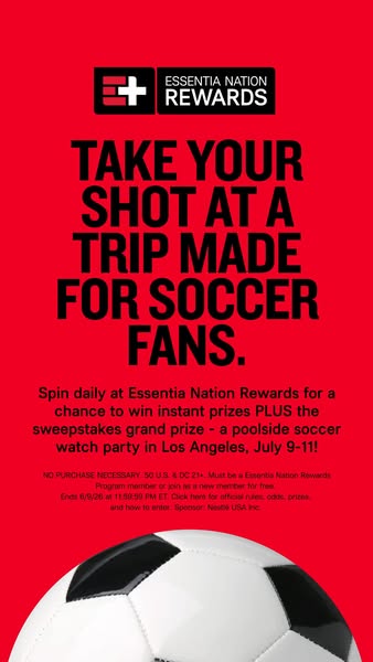 This ad promotes a sweepstakes by Essentia Nation Rewards, offering participants a chance to win daily instant prizes an