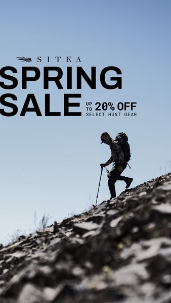 This image ad promotes a Sitka spring sale, offering up to 20% off select hunting gear. It features a person hiking up a