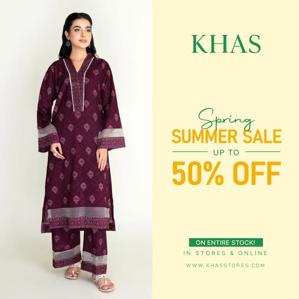 This image ad for KHAS advertises a spring/summer sale. The image shows a woman wearing a matching purple patterned tuni