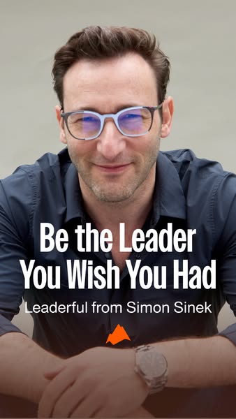 An inspirational portrait ad featuring author Simon Sinek, advertising his leadership content. The ad uses a direct addr