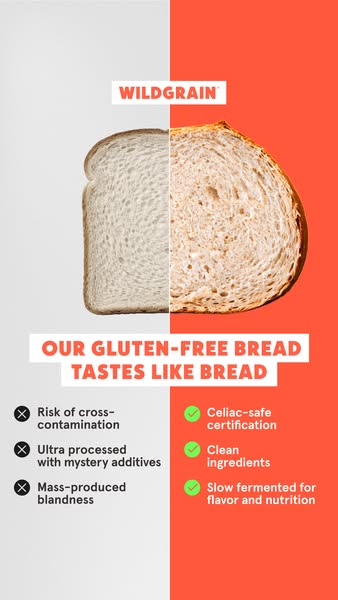This image ad for Wildgrain compares their gluten-free bread to mass-produced gluten-free breads. The ad highlights the 
