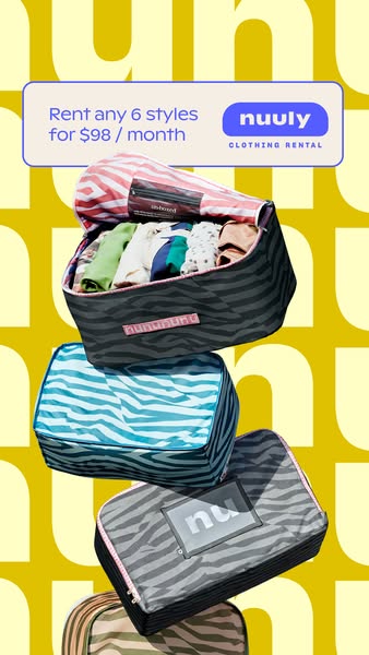 This ad promotes Nuuly, a clothing rental service, by highlighting a monthly price and visually showcasing the travel ba