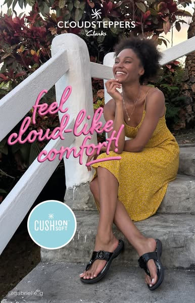 This image ad for Cloudsteppers by Clarks showcases a woman wearing their black sandal and sitting on a staircase. The a